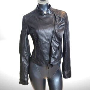Marciano Los Angeles Black Genuine Leather Ruffle Moto Jacket – Size M